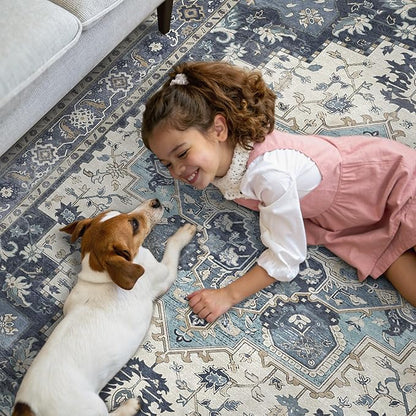 GENIMO 2x10 Runner Rugs for Hallway, Machine Washable Non Slip Vintage Rugs, Low Pile Lightweight Soft Print Rug for enrtyway, Corridor, Home Office, Kitchen, Center Blue