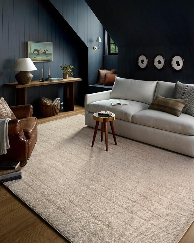 Loloi Chris Loves Julia Calvin Collection CLV-02 Ivory/Oatmeal 7'-10" x 7'-10" Round Area Rug Checkered Neutral Soft Living Room Bedroom Carpet