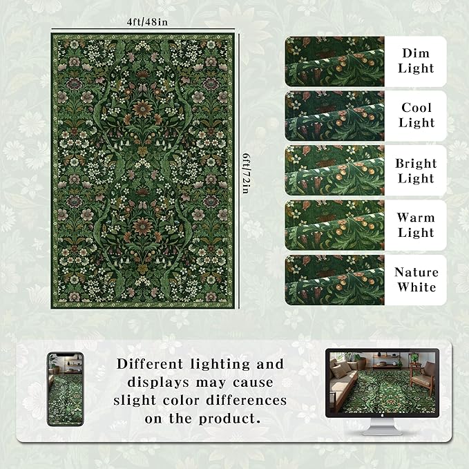 4x6 Dark Green Floral Boho Area Rug,Low-Pile Stain Resistant Non-Slip Machine Washable Carpet for Living Room,Bedroom, Kitchen,Entryway,Dining Room, Nursery