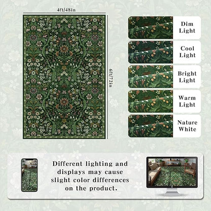 4x6 Dark Green Floral Boho Area Rug,Low-Pile Stain Resistant Non-Slip Machine Washable Carpet for Living Room,Bedroom, Kitchen,Entryway,Dining Room, Nursery