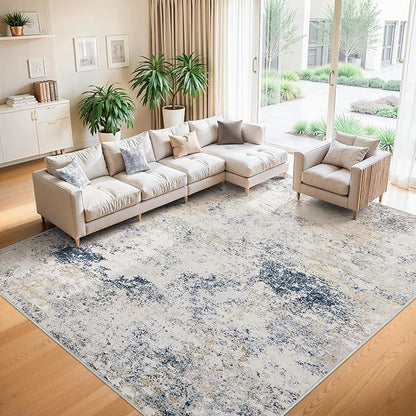 Area Rugs 9x12 Living Room - Modern Abstract Large Rugs for Living Room Non-Slip Low Pile Soft Machine Washable Carpet for Bedroom, Under Dining Table, Nursery, Farmhouse (9'x12' Beige Blue)