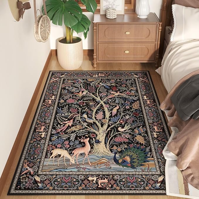 Rugcomf 3x5 Rug Vibrant Tree of Life-Patterned Vintage Non Slip Low Pile Small Carpet for Bedroom Bedside Kitchen Entryway Kids Room Office College Dorm Essentials for Girls, Black
