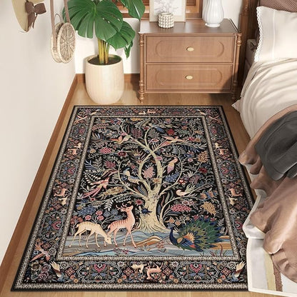 Rugcomf Area Rugs 4x6 Vibrant Tree of Life-Patterned Vintage Washable Rugs Non Slip Low Pile Small Carpet for Bedroom Bedside Kids Room Office Dining Room, Black