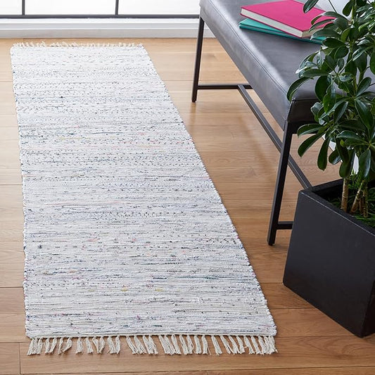 SAFAVIEH Rag Rug Collection Runner Rug - 2'3" x 9', Ivory & Multi, Handmade Boho Stripe Cotton, Ideal for High Traffic Areas in Living Room, Bedroom (RAR121G)