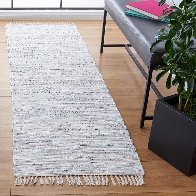 SAFAVIEH Rag Rug Collection Runner Rug - 2'3" x 11', Ivory & Multi, Handmade Boho Stripe Cotton, Ideal for High Traffic Areas in Living Room, Bedroom (RAR121G)