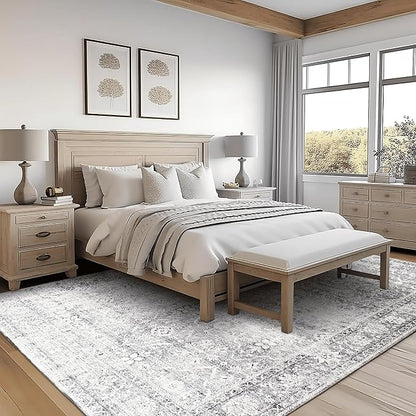 ReaLife Rugs Machine Washable Area Rug - Living Room Bedroom Bathroom Kitchen Entryway Office - Padded Low Pile Stain Resistant Premium - Boho Farmhouse Vintage - Noor - Silver Ivory 4' x 6'
