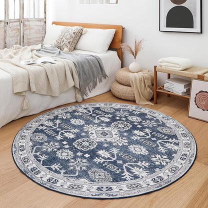 VK VK·LIVING Round Washable Rug 5'Ft Vintage Machine Washable Area Rugs with Non Slip Round Rugs for Living Room Bedroom Traditional Woven Carpet Stain Resistant Dining Home Office Boho Rug (Navy)