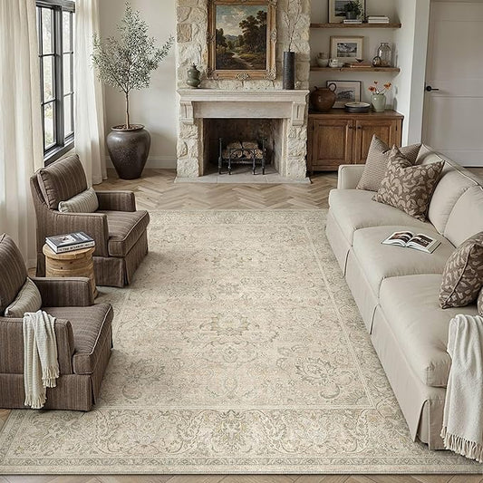 HUGEAR 9x12 Machine Washable Area Rugs Vintage Beige - Neutral Living Room Bedroom Rug Non Slip Stain Resistant Low Pile Aesthetic Throw Carpet Kids & Pet Friendly