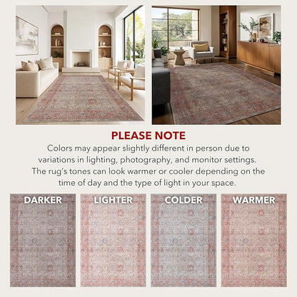 Kuden 4x6 Area Rug, Machine Washable Area Rug with Non-Slip Backing, Vintage Style, Soft, Easy Clean, Low Pile Rug for Living Room, Bedroom, Dining Room