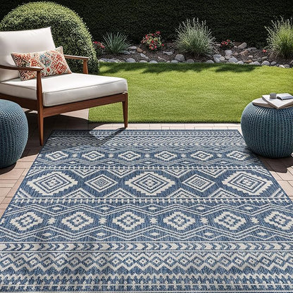 Beverly Rug Waikiki Boho Indoor Outdoor Rug 8x10, Washable Outside Carpet for Patio, Deck, Porch, Bohemian Area Rug, Farmhouse Rugs, Aztec Tribal Rug, Azure and White