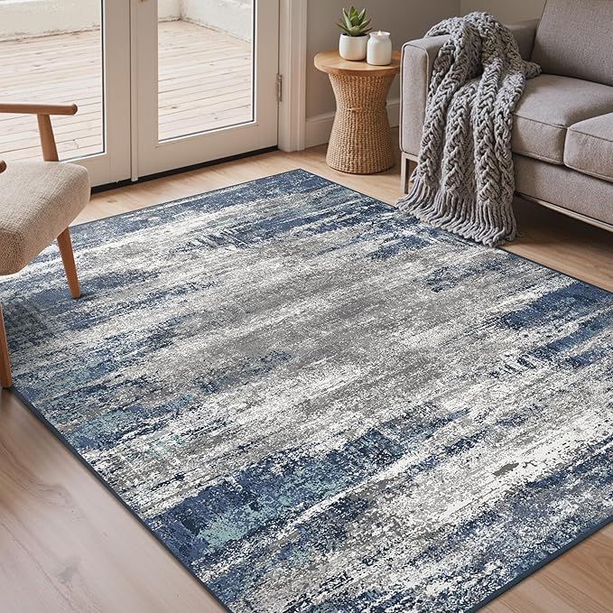 Bavni Washable Area Rug, Soft Abstract Rugs Non-Slip, Thin Foldable 3x5 Rug, Modern Stain Resistant Rug for Living Room, Kitchen, Bedroom, Blue/Ivory