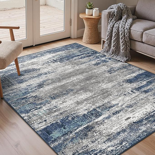Bavni Washable Area Rug, Soft Abstract Rugs Non-Slip, Thin Foldable 3x5 Rug, Modern Stain Resistant Rug for Living Room, Kitchen, Bedroom, Blue/Ivory