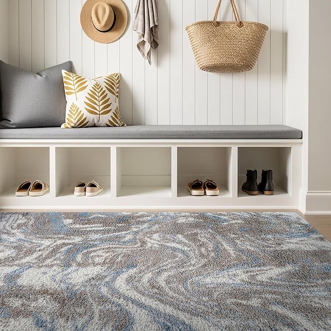 Rugshop Abstract Marble Shag Area Rug Blue 4' x 6' Ideal for Small Living Rooms, Offices, or Beside The Bed