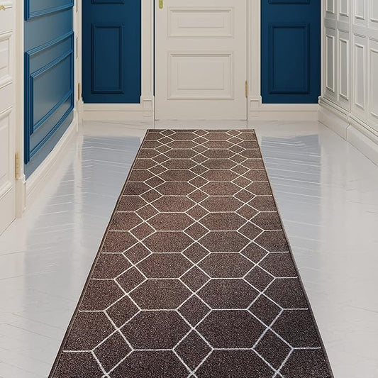 Custom Made Runner Rug for Kitchen Foyer Hallway Entry Choose Your Length Size 26 Inch Wide Geometric Lattice Design Brown Color (18 feet x 26 inch)
