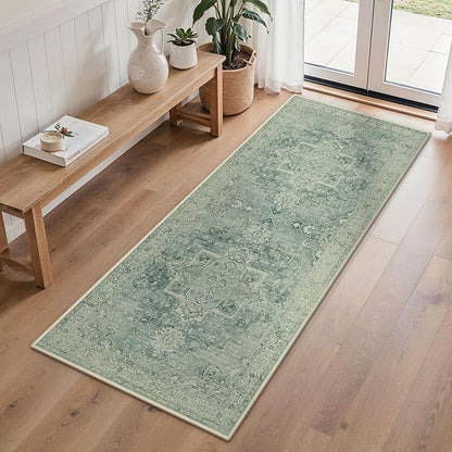 Runner Rug 2'6''x6 Non Slip Machine Washable Vintage Hallway Runner Rug, Low PileLight Weight Rugs for Entryway, Hallway, Kitchen and Corridor, Green