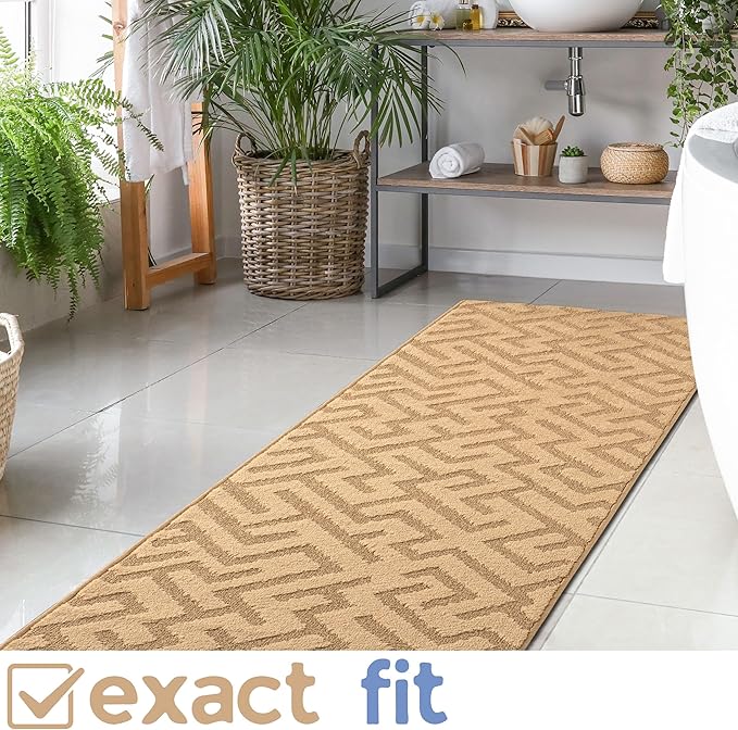 10ft Custom Cut Runner Rug for Narrow Hallways Kitchens - Gold Tan | Non-Slip | Washable & Edge Bound