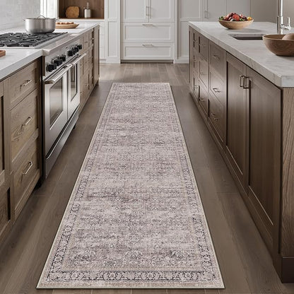 2x8 Purple Area Rug Runners for Hallways Washable Vintage Distressed Carpet Low Pile Non Slip Indoor Retro Soft Long Accent Rug Bedroom Kitchen Bathroom Laundry Dining Living Room