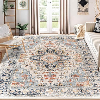 Enkor Area Soft Rugs 8x10 Washable Non Slip Boho Floor Rugs for Living Room Bedroom, Vintage Style Farmhouse Mat for Kitchen Entryway Orange & Black