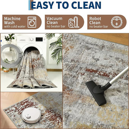 Living Room Rug 7x10 Beige Area Rugs Machine Washable Abstract Boho Large Rug Non-Slip Non-Shedding Faux Wool Indoor Vintage Carpet for Bedroom, Classroom, Dining Room, Kids Playroom