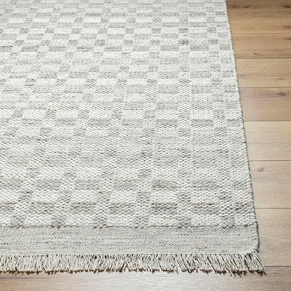 Mark&Day Wool Rugs, 6x9 Clinten Solid and Border Light Gray Checkered Rug, Grey Ivory Carpet for Living Room, Bedroom or Kitchen (6' x 9')