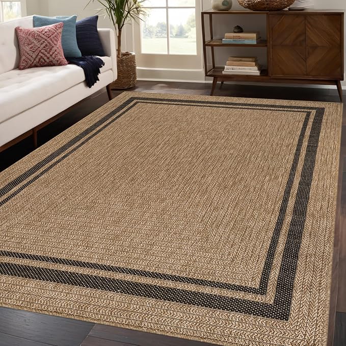 Beverly Rug Easy Jute Bordered Rug 5x7 Washable Durable Indoor Outdoor Area Rugs for Living Dining Room Patio Office Stain Resistant Non Shedding Casual Indoor Outside Carpet 5 x 7 Natural