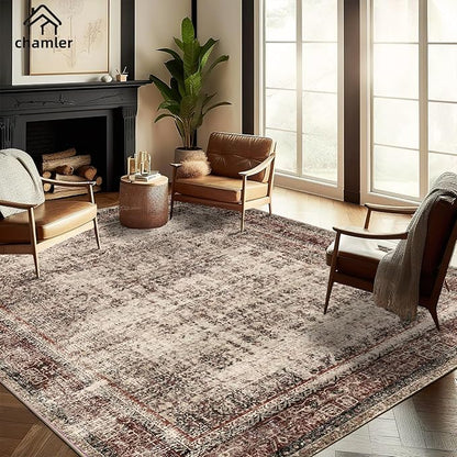 10'x14' Washable Area Rug Boho Chic Medallion Distressed Design Non-Shedding Easy Care Ideal for High Traffic Areas in Rug for Living Room Bedroom Office Coffee Table Large Carpet