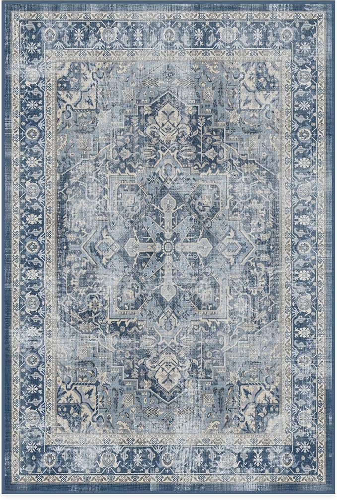 RUGGABLE Washable Area Rug – Kamran Admiral Blue 4x6, Stain-Resistant, Non-Slip – Medium Machine Washable Rugs for Living Room, Bedroom, Hallway, Entryway & Office–with Cushioned Pad