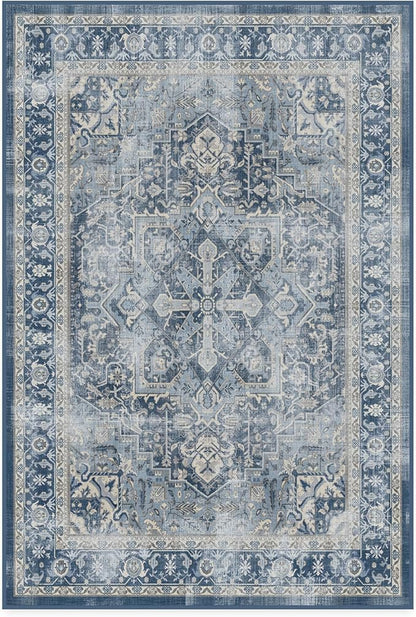 RUGGABLE Washable Area Rug – Kamran Admiral Blue 4x6, Stain-Resistant, Non-Slip – Medium Machine Washable Rugs for Living Room, Bedroom, Hallway, Entryway & Office–with Cushioned Pad