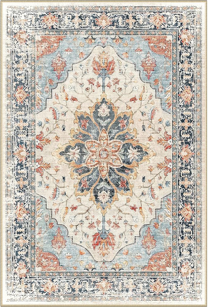 Area Rugs 2'6''x10' Washable Non-Slip, Floral Vintage Distress Print Pattern Medallion Carpet for Living Room Bedroom Dining Room, Beige Navy Blue Orange Colorful