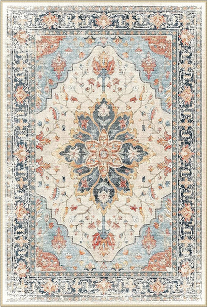 Area Rugs 2'6''x12' Washable Non-Slip, Floral Vintage Distress Print Pattern Medallion Carpet for Living Room Bedroom Dining Room, Beige Navy Blue Orange Colorful