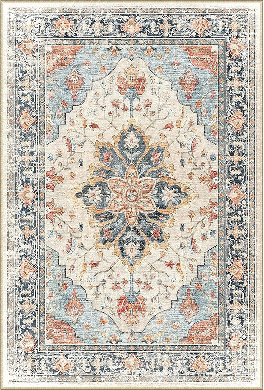 Area Rugs Square 10ft Washable Non-Slip, Floral Vintage Distress Print Pattern Medallion Carpet for Living Room Bedroom Dining Room, Beige Navy Blue Orange Colorful