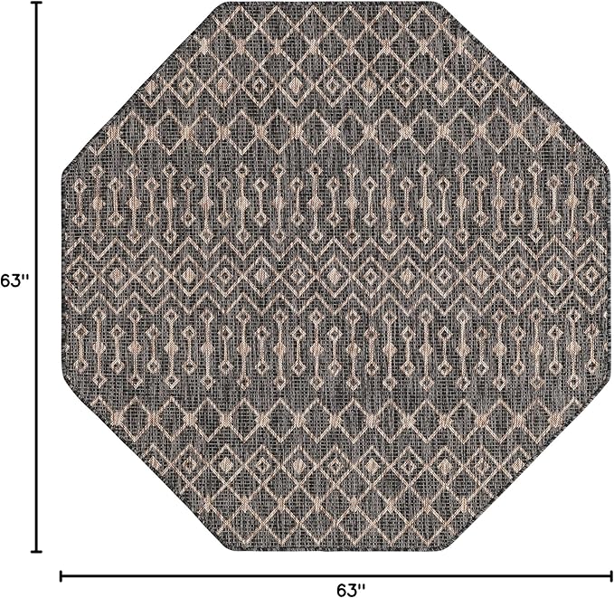 Unique Loom Outdoor Trellis Collection Area Rug - Tribal Trellis (5' 3" Octagon, Charcoal Gray/ Natural)