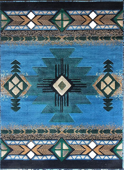 YHSF South West Native American Area Rug C318 - Easy Clean, Thick, Soft, Durable Native Tribal American Indian Inspired Rug for Bedroom/Living Room and More - Blue-Green, 3 Feet x 4 Feet 7 Inches