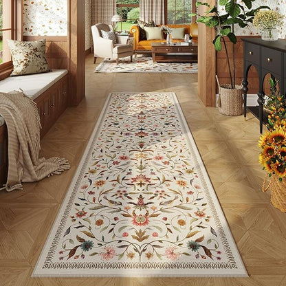 Vintage Medallion Floral Washable Runner Rug 2'7"x8', Non-Slip Low Pile Soft Carpet for Hallways, Laundry, Bedroom, Bathroom, Entryway | Beige