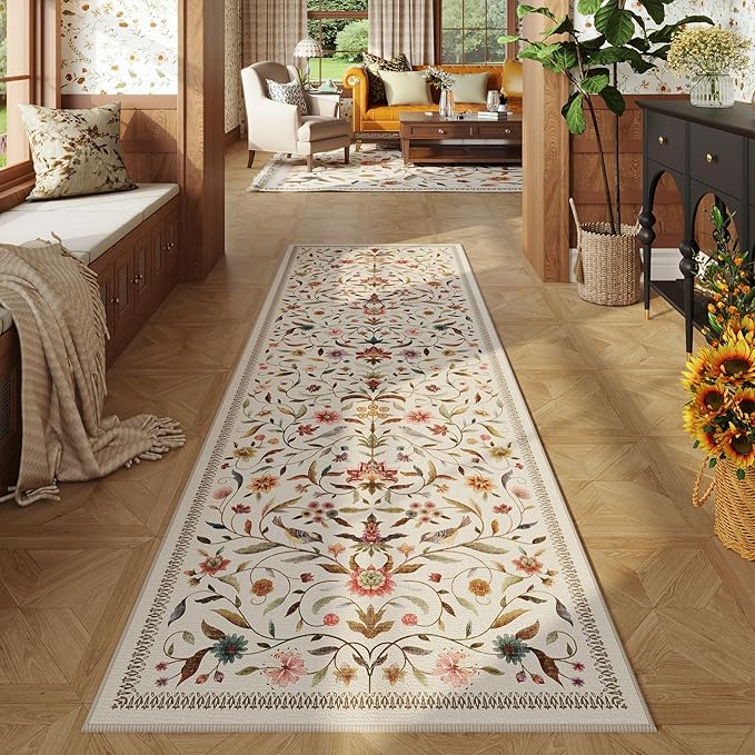 Vintage Medallion Floral Kitchen Runner 2x6, Machine Washable Rug, Soft Low Pile, Non-Slip Carpet for Hallways, Laundry, Bedroom, Bathroom, Entryway | Beige