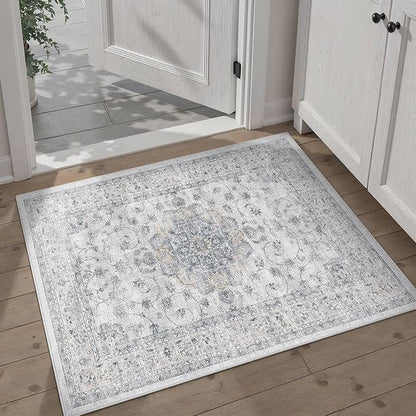 HUGEAR Entryway Machine Washable Area Rugs 2x3 Vintage Blue Small Neutral Style Non Slip Stain Resistant Low Pile Throw Carpet for Hallway Kitchen Retro Aesthetic Modern Decor