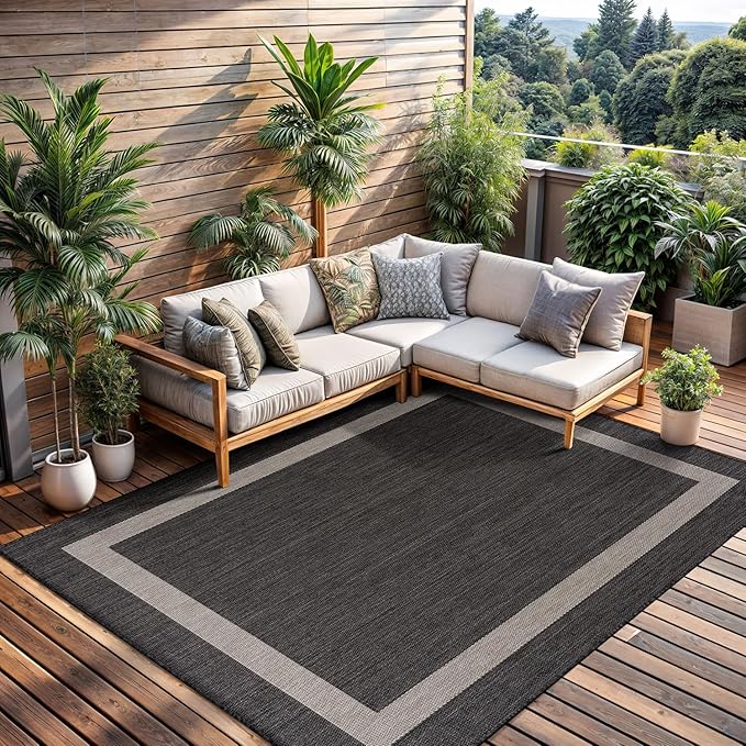 CAMILSON Outdoor Rug 8x10,Modern Outside Rugs for Patios Porches Waterproof Durable Washable Non-Shedding, Easy-to-Clean Indoor Outdoor Area Carpet (8 x 10, Bordered - Dark Gray/Light Gray)