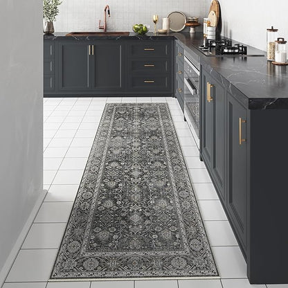 Black Runner Rug 2x6 Vintage Area Carpet Hallway Long Indoor Kitchen Washable Living Room Low Pile Traditional Distressed Retro Accent Throw Rug Non Slip Laundry Bathroom Office Dining Room