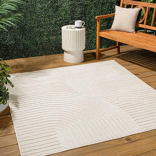 JONATHAN Y Hallie High-Low Curve Ivory/Cream 8x8 Square Indoor/Outdoor Area Rug, Minimalist, Pet Friendly, Non-Shedding, Stain Resistant, Hose-Washable for Backyard, Patio, Porch (SCN100B-8SQ)