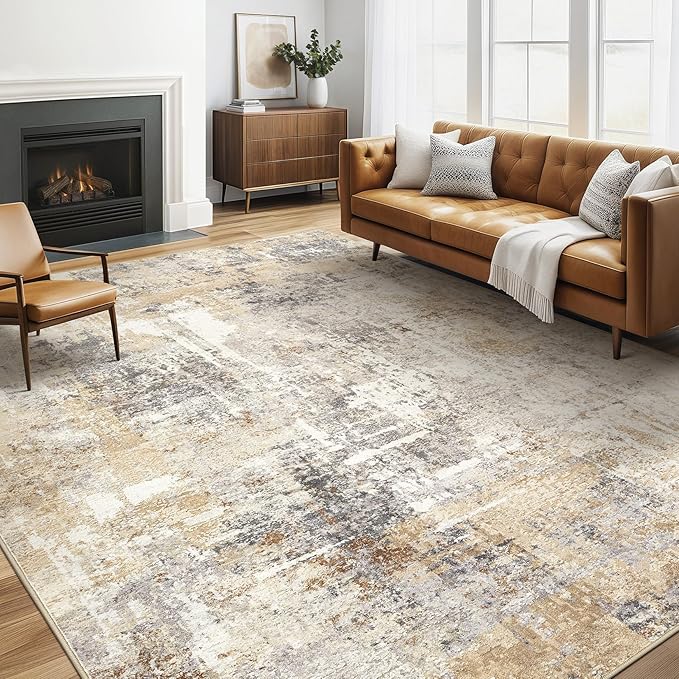 5x8 Area Rug Living Room: Machine Washable Large Abstract Soft Thin Rugs Stain Resistant Indoor Floor Non-Slip Accent Carpet for Bedroom Nursery Playroom Office Dining Room Dorm- Gray Gold