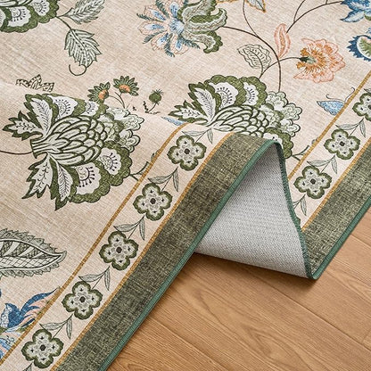 jinchan Elora Floral Corner Rug for Living Room Washable Bedroom Rug Vintage Romance Design Non Slip Quarter Circle Lightweight Low-Pile Throw Carpet for Reading Nook Playroom,8ft Radius, Green/Beige
