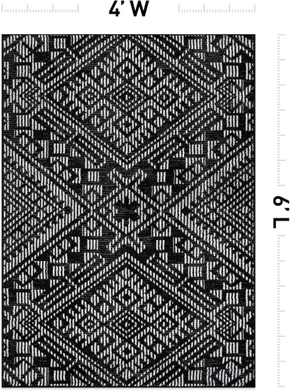 Rugshop Boho Black Tribal Area Rug Modern Indoor Carpet for Living Room, Bedroom, or Entryway – Non-Shedding, Low Pile Geometric Design 4' x 6'