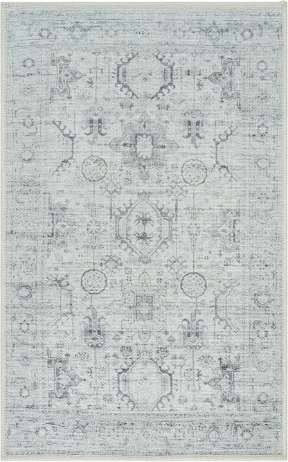 GLN Rugs Traditional Collection - Machine Washable Area Rug, Traditional Washable, Non Slip, Low Pile Chenille Rug, Living Room, Bedroom, Kitchen Rug (2' x 3' Cream/Gray/Sea Salt)
