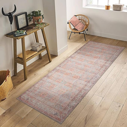 GLN Rugs Traditional Collection - Machine Washable Area Rug, Traditional Washable, Non Slip, Low Pile Chenille Rug, Living Room, Bedroom, Kitchen Rug (2'6" x 10' Terra/Multicolor 1153)