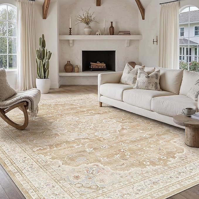 HUGEAR Machine Washable Area Rugs 9x12 Vintage Beige Brown Living Room Bedroom Rug Neutral Style Non Slip Stain Resistant Low Pile Throw Carpet for Home Retro Aesthetic Modern Decor