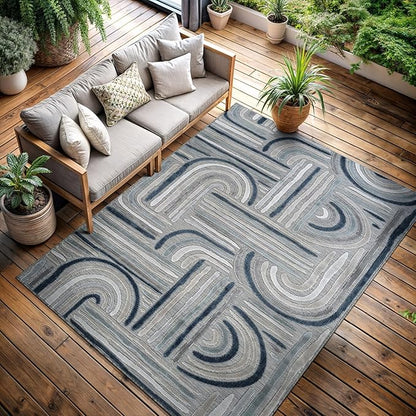 CAMILSON Indoor Outdoor Rug, Blue 8x10 Geometric Arch Striped Area Rugs for Patio and Home Areas, Easy-Cleaning Non-Shedding Living Room, Garden and Deck Washable Outside Carpet (8 x 10)