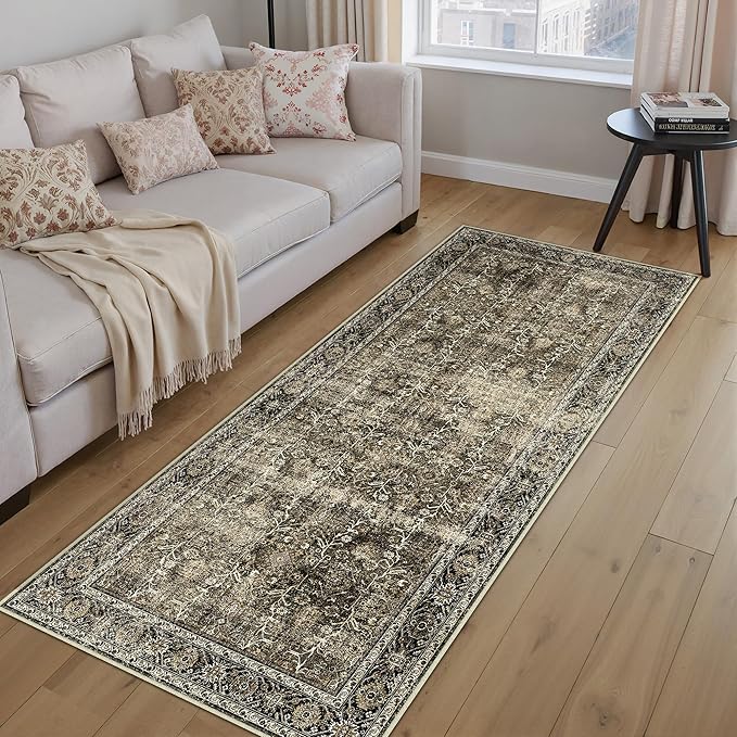 Brown Runner Rug 2x7 Vintage Area Carpet Hallway Long Indoor Kitchen Washable Living Room Low Pile Traditional Distressed Retro Accent Throw Rug Non Slip Laundry Bathroom Office Dining Room