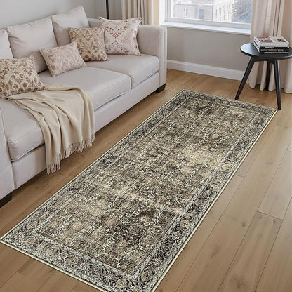 Brown Runner Rug 2x7 Vintage Area Carpet Hallway Long Indoor Kitchen Washable Living Room Low Pile Traditional Distressed Retro Accent Throw Rug Non Slip Laundry Bathroom Office Dining Room