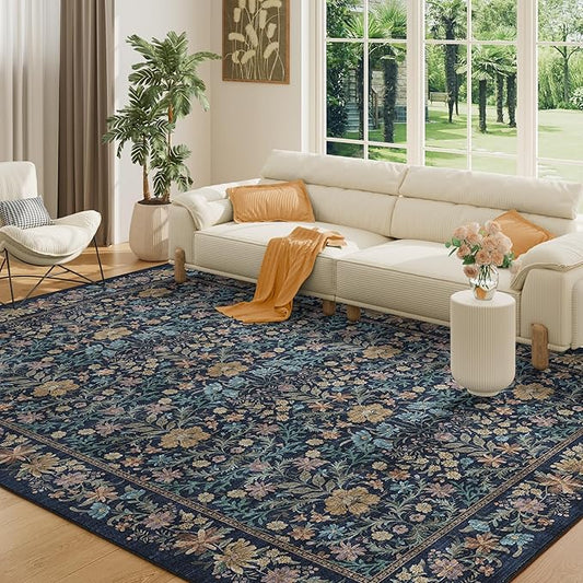 DUKINO 6x9 Rugs for Living Room, Vintage Washable Rug with Non Slip Backing, Floral Low Pile & Non-Shedding Large Area Carpets for Bedroom, Dining Room, Farmhouse, Home Office, Dark Blue