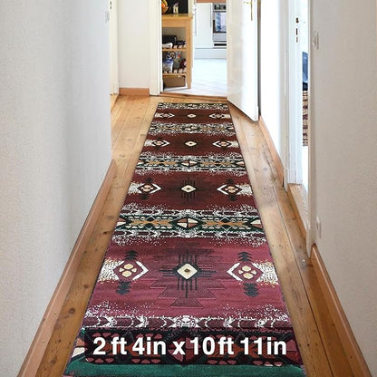 YHSF South West Native American Area Rug C318 - Easy Clean, Thick, Soft, Durable Native Tribal American Indian Inspired Rug for Bedroom/Living Room and More - Burgundy, 2 ft 4 in x 10 ft 11 in